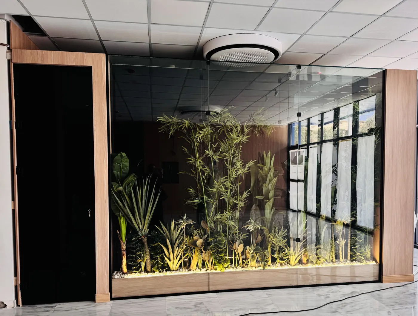 Jardin intérieur sous verrière, éclairé